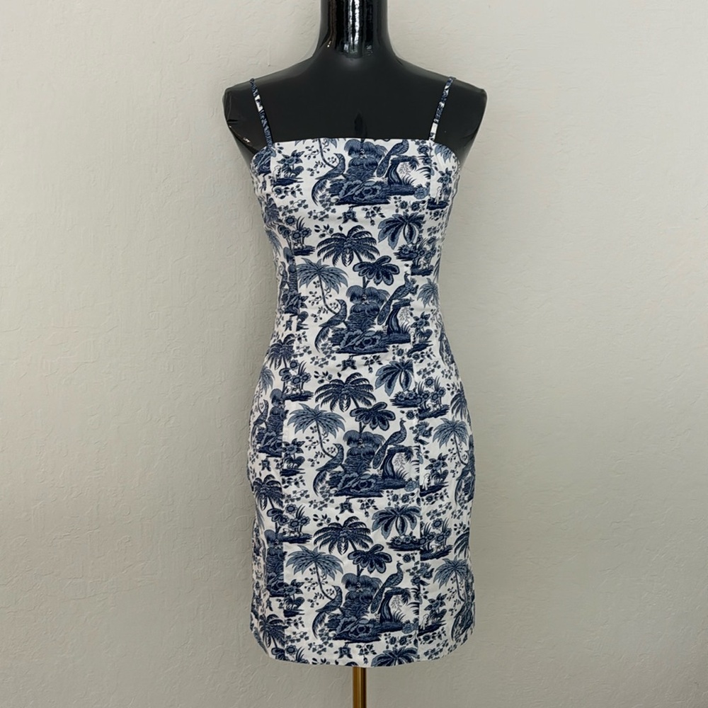 STAUD Blue and White Toile Print Slip Dress